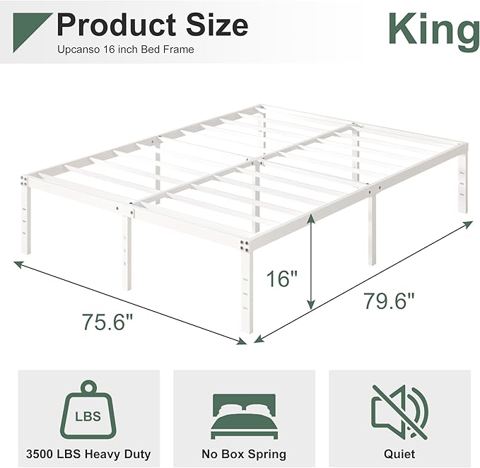 16 Inch White King Bed Frame Heavy Duty Metal Platform King Size Bed Frames with High Storage, Eassy Assembly 3,500 lbs Heavy Duty Bedframes