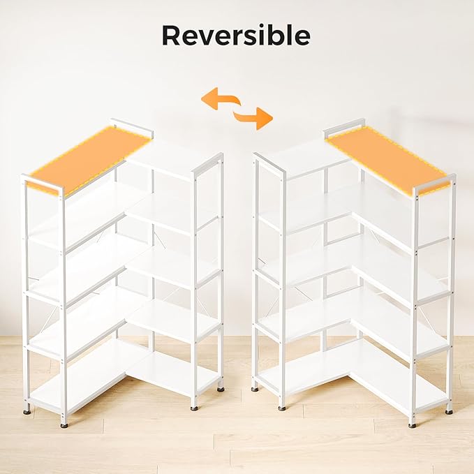 Casaottima Corner Bookshelf 5 Tier, 57 Inches Reversible Book Shelf for Living Room, Industrial Wooden Bookcase with Open Shelves and Metal Frame for Bedroom, Home Office, Kitchen, White