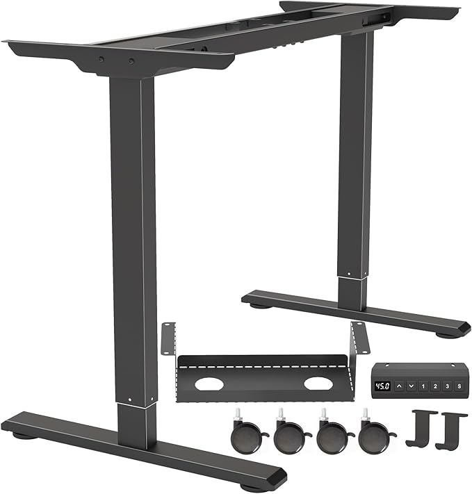 Dual Motor Standing Desk Frame, Electric Adjustable Legs with Memory Presets, Stand Up Desk Frame Workstation, with Cable Management Tray, Headphone Hook, Caster Wheels, for Home Office