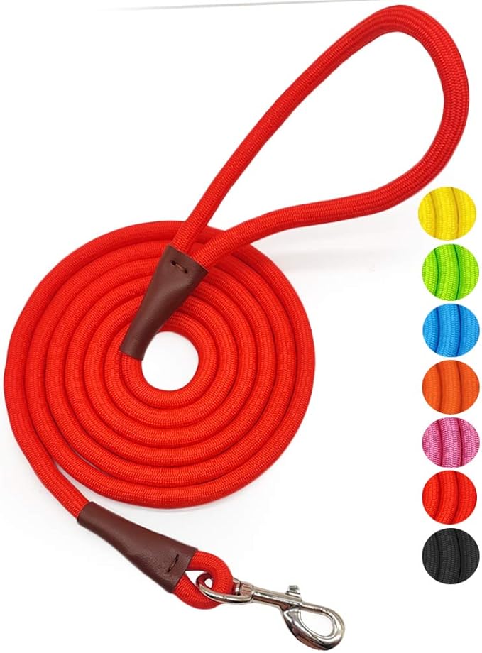 MayPaw 4/6 /8/10 FT Dog Leash, Classic Solid Colors, Strong Nylon Rope Dog Leash Reinforced with Leather Tailor Connection Heavy Duty Silver Clasp (red, 6ft*1/2")