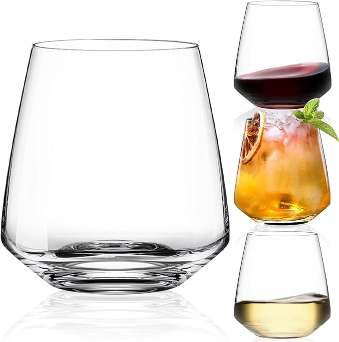 Stemless Wine Glasses Set of 4-15 oz Clear-Modern Hand-Blown Wine Glasses, European Design Crystal Glass For Red & White Wine, Unique Gifts for Wedding, Birthday,Valentine's Day