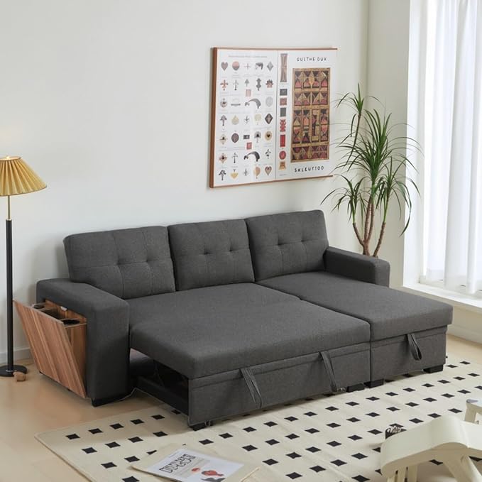 L-Shape Sofa Bed, 92" Sectional Couch with Storage Chaise, Pull Out Sleeper Sofa with Side Compartment, Convertible Corner Couch for Living Room Apartment, Dark Gray