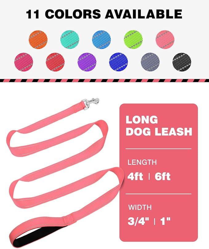 Reflective Dog Leash 4ft Soft Padded Handle Nylon Lead for Small & Medium Dogs, Durable Walking Training Leash for Night Safety (Neon Pink,3/4Inch Wide)