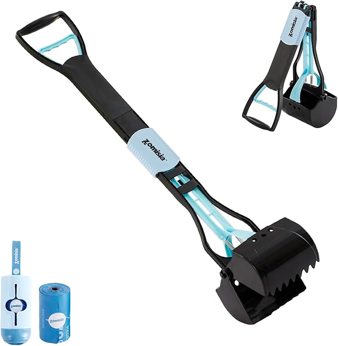 32" Pooper Scooper for Large Dogs, Pet Poop Scoop Heavy Duty, Suitable for Yard of Different Surfaces, Pick Up Tool with Foldable Long Handle, with 2 Rolls of Dog Waste Bags
