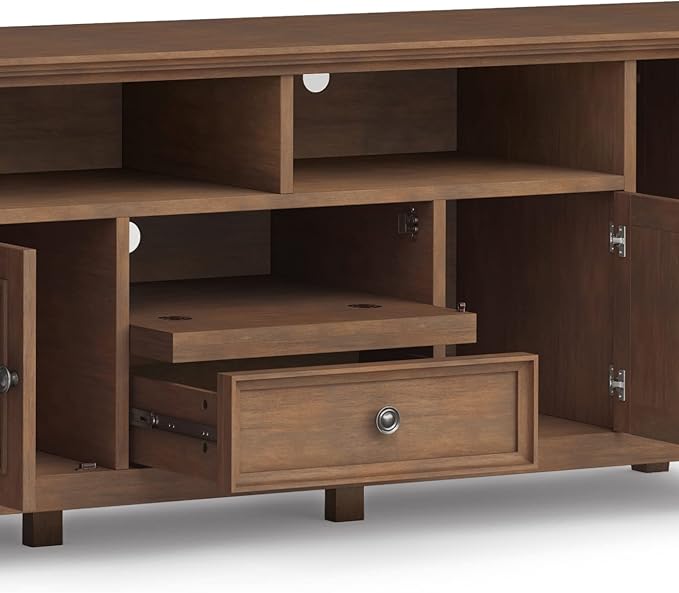 SIMPLIHOME Amherst 72-inch Wide Solid Wood TV Stand in Rustic Natural Aged Brown, Transitional-Style Media Console for Living Room with Cable Management and Adjustable Shelves, Fits 80" TVs