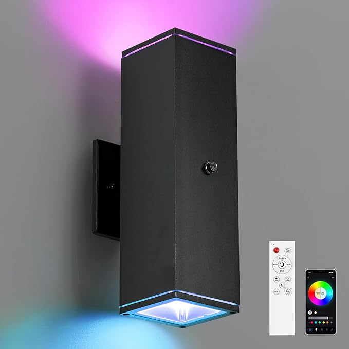 Outdoor Wall Lights 1 Pack, RGBCW Exterior Lighting Sconce,2700K-6500K Dimmable Smart Porch Lights Outdoor for House Patio Garage, Compatible with Alexa/Google Assistant, Bulb Included