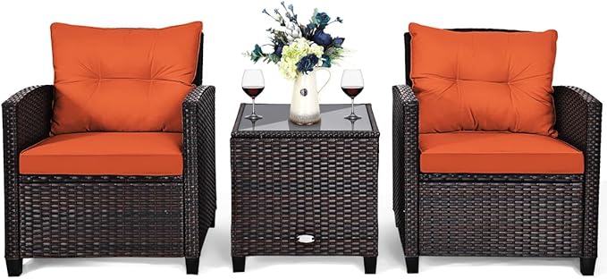 Tangkula 3 Pieces Patio Furniture Set, PE Rattan Wicker 3 Pcs Outdoor Sofa Set w/Washable Cushion and Tempered Glass Tabletop, Conversation Furniture for Garden Poolside Balcony (Orange)