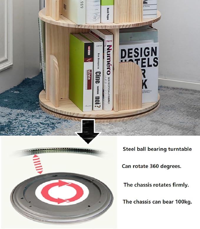 Heehee Wooden Rotating Bookshelf 360 Display Floor Standing Bookcase Storage Rack for Kids&Adults Multi-Functional Bookshelf Organizer (3-Tier)