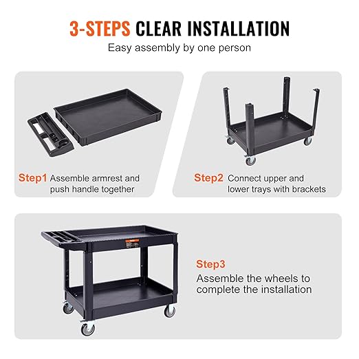 VEVOR Utility Service Cart, 2 Shelf 550LBS Heavy Duty Plastic Rolling Utility Cart with 360° Swivel Wheels (2 with Brakes), Large Lipped Shelf, Ergonomic Storage Handle for Warehouse/Garage/Cleaning