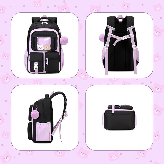 Kids Backpack for Girls School Bags for Middle School Students Book Bag for Elementary Primary Kawaii Ita Backpack, Black and Purple