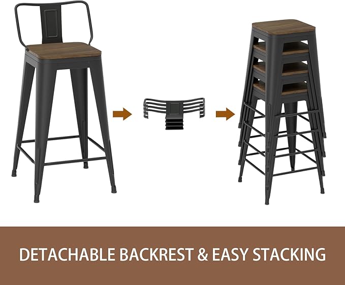 24 Inch Swivel Bar Stools Set of 4, Counter Height Bar Stools with Low Back, Metal Industrial Bar Chairs for Kitchen Island (Matte Black)
