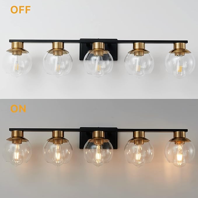 PAZALA Black Gold Bathroom Light Fixtures Over Mirror 5-Lights Vanity Light Wall Sconce with Globe Glass Shade, E26 Base, Perfect for Hallway Picture Wall Lighting Bathroom Bedroom Mirror Living Room