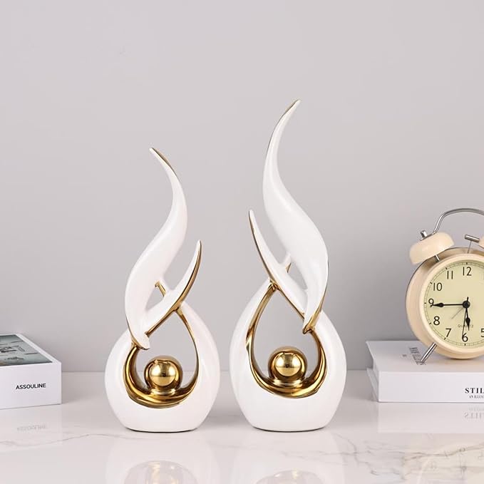 2 PCS White Gold Ceramic Statues For Home Decor Accents, Modern Abstract Art Sculptures, Elegant Tabletop Decorative Objects For Dining Room, Entryway, Tv Stand, Mantel, Coffee Table Centerpieces