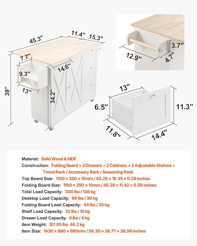 VEVOR Kitchen Island Cart, 45.3x39 inch Rolling Kitchen Table, Mobile Carts with Storage Cabinet and Solid Wood Top, Portable Islands with Wheels, Spice Rack, Towel Rack, Drop Leaf and Drawer, White