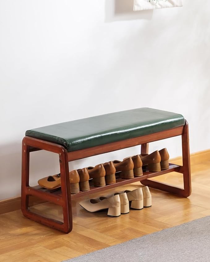 Shoe Rack Bench, Solid Wood Entryway Bench, Shoe Bench with Cushion Padded Seat for Entry, Hallway (Green-31.5")