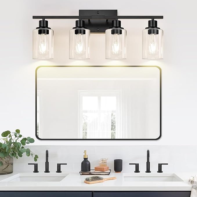 4-Light Bathroom Light Fixtures, Matte Black Modern Vanity Lights with Clear Glass Shades, Bathroom Wall Lamp for Mirror Living Room Cabinet Bedroom Porch