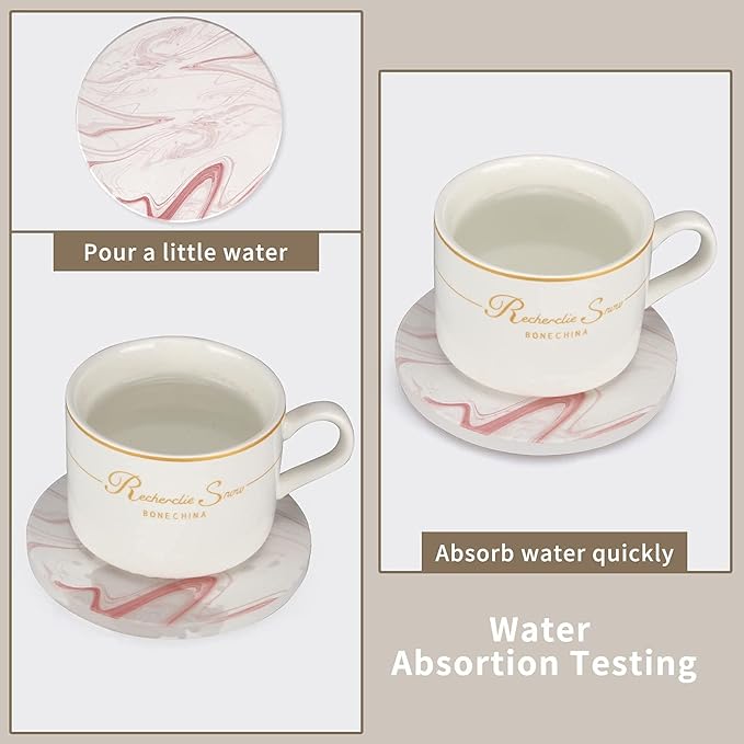 Cute Pink Marble Coasters Set of 6 Pack Stone Coffee Table Decor Absorbent Ceramic Cup Coaster with Holder Decorative Tea Bar Accessories Gift Kitchen Desk Coster Drink Modern Funny Aesthetic Coasters
