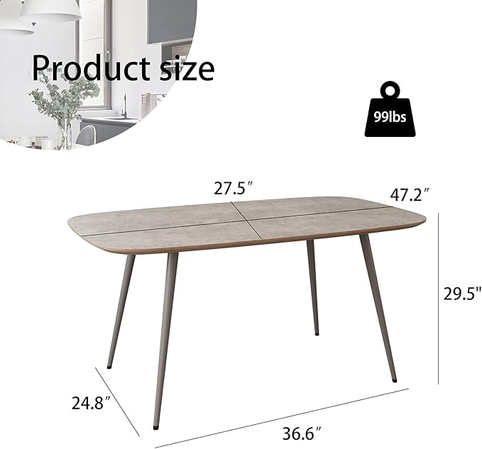 47.2'' Modern Farmhouse Dining Table, Wooden Rectangular Dining Table with Metal Legs for 4-6 People for Dining Room, Kitchen, Living Room (Gray Table, 47.2")