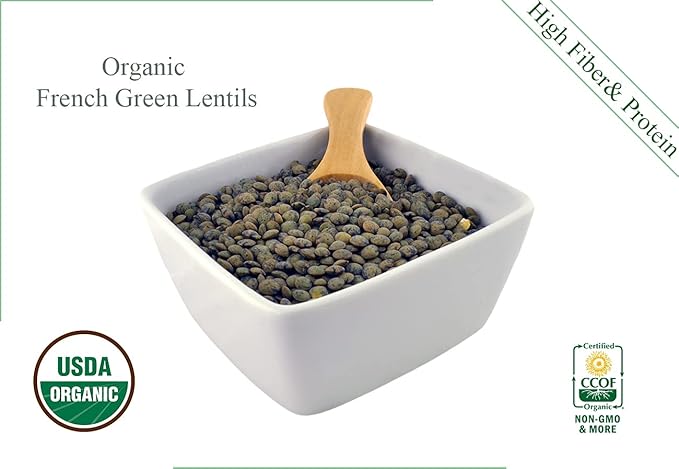 Organic French Green Lentils Whole Raw, High Fiber Non-GMO-Bulk (7LB)