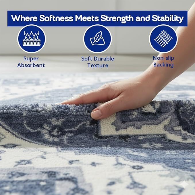 Muddy Mat짰 Admiral 2ft x 7ft Washable Area Rugs for Living Room, Bedroom & Dining Room ??Modern Soft Low Pile Non Slip Carpet ??Pet Friendly Waterproof Foldable Rugs for Home