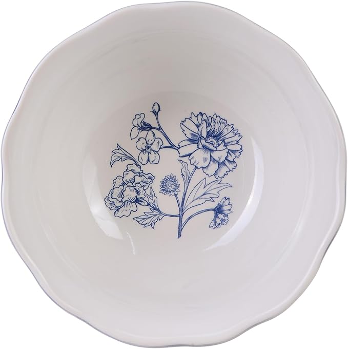 222 Fifth 12-Piece Porcelain Dinnerware Set for 4, White & Light Blue Plates and Bowls Set, Glossy Ceramic Dish Set with Ornate Floral Design, Kitchen Tableware, Microwave & Dishwasher Safe, Cleremont