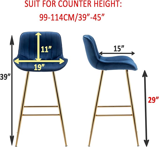 Sidanli Velvet Blue Bar Stools, 29 Inch Upholstered Island Stools with Footrests, Gold Bar Chairs for Home, Kitchen Island, Dining Room
