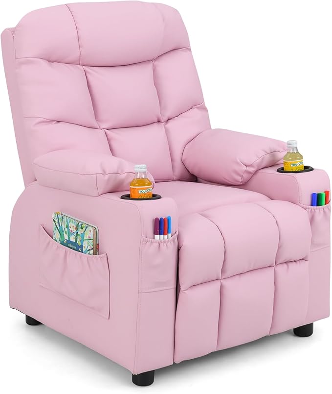 Costzon Kids Recliner Chair with Cup Holder, Adjustable Lounge Chair w/Footrest & Side Pockets for Children Boys Girls Room, Ergonomic Toddler Furniture Sofa, Kids Pink Recliner (Pink)