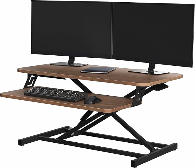 VIVO Height Adjustable 32 inch Stand Up Desk Converter, Quick Sit to Stand Tabletop Dual Monitor Riser Workstation, Dark Walnut Desktop, Black Frame, DESK-V000SD