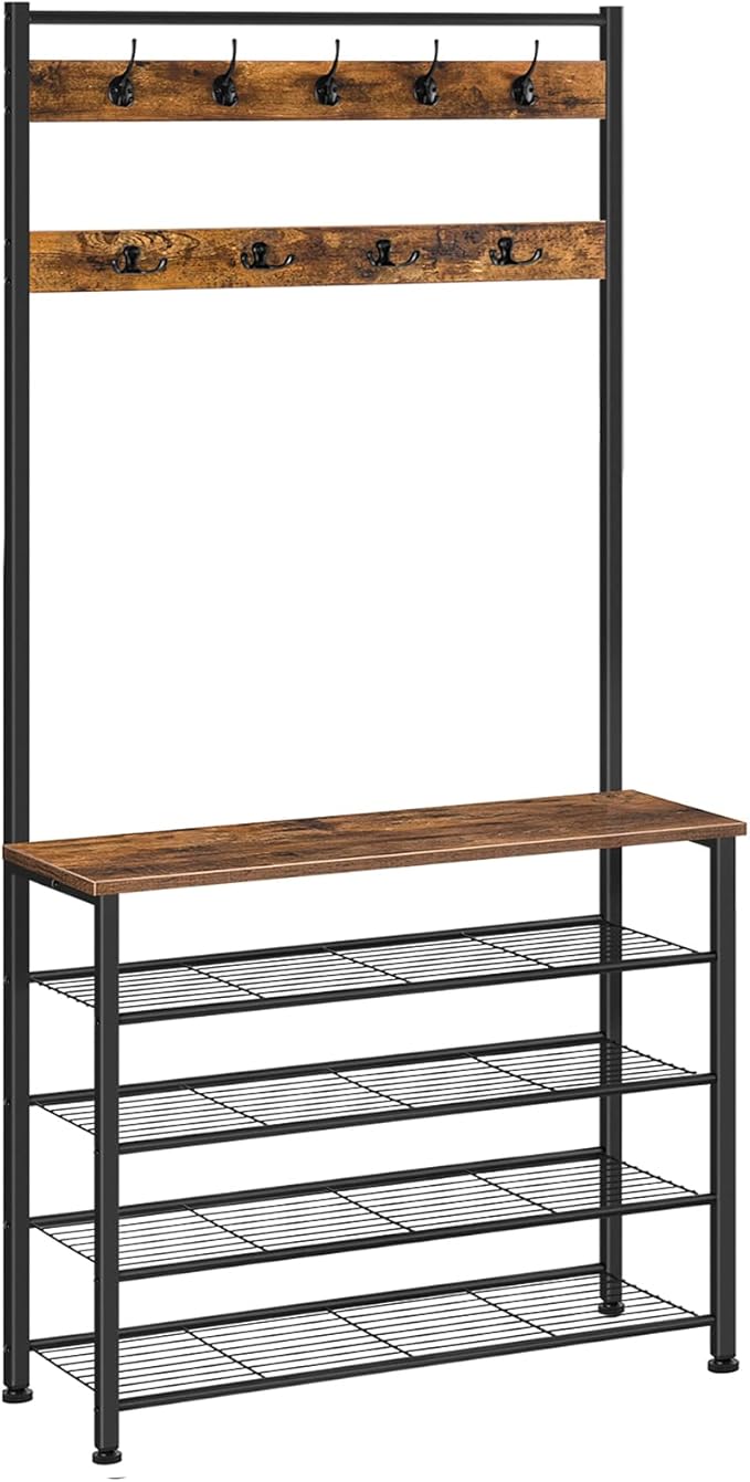 HOOBRO Hall Tree, Coat Rack with Shoe Rack, Hall Tree with Bench, 5 Tier Shoe Storage Organizer with 9 Hooks for Entryway, Closet, Sturdy, Industrial, Rustic Brown and Black BF80MT01G2