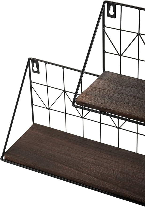 Mkono Floating Shelves Wall Mounted Set of 2 Rustic Wood Storage Display Shelf with Metal Wire Basket 11.5 Inches, Hanging Shelf for Bedroom Bathroom Living Room Kitchen Office, Brown,Small