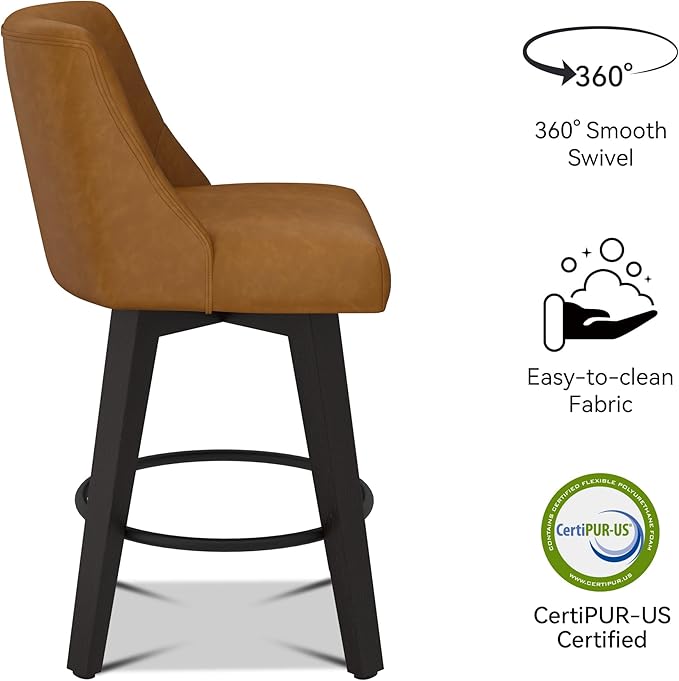 Bar Stools Set of 2, 26" H Counter Height Swivel Bar Stools, Upholstered Kitchen Island Counter Stools with Back and Solid Wood Legs, Faux Leather in Rustic Brown