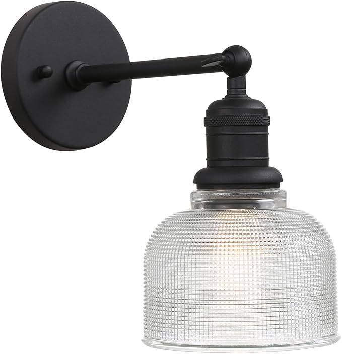 Yosoan Boho Indoor Vintage Wall Sconce with Striped Bowl Shade, 1-Light Modern Vanity Industrial Single Wall Mounted Hardwired Texture Glass Shade for Living Room Bedroom Fireplace Hallway(Black)