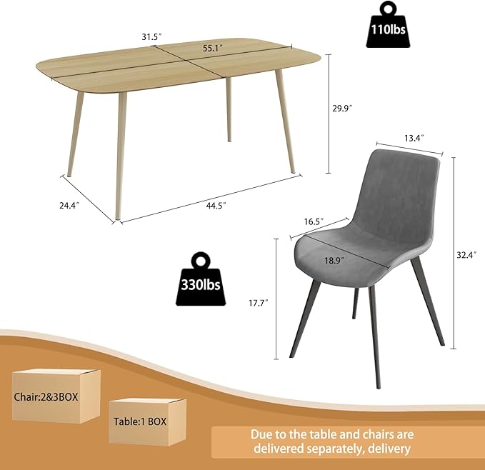 55.1'' Dining Table Set for 4,Modern Wood Dining Table,Leather Dining Chairs 4,Table and Chairs Set of 4,Ideal for Kitchen Dining Room (Cat Scratch Table + 4 Gray Chairs, 55.1")