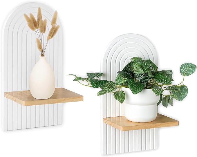 Boho Shelf Wall Decor - Bohemian Floating Shelves for Nursery Bedroom Living Room Mid Century Hanging Shelf Modern Rainbow Wall Candle Holder (White)