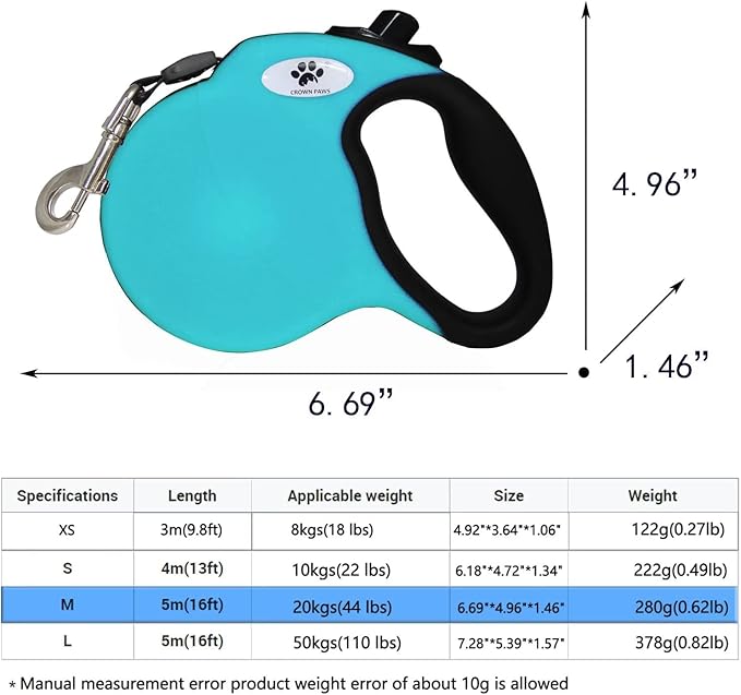 16ft Retractable Dog Leash for Medium Breed Dogs up to 44 lbs with a Detachable Chew Proof Extender Wire Ropes (Blue M)