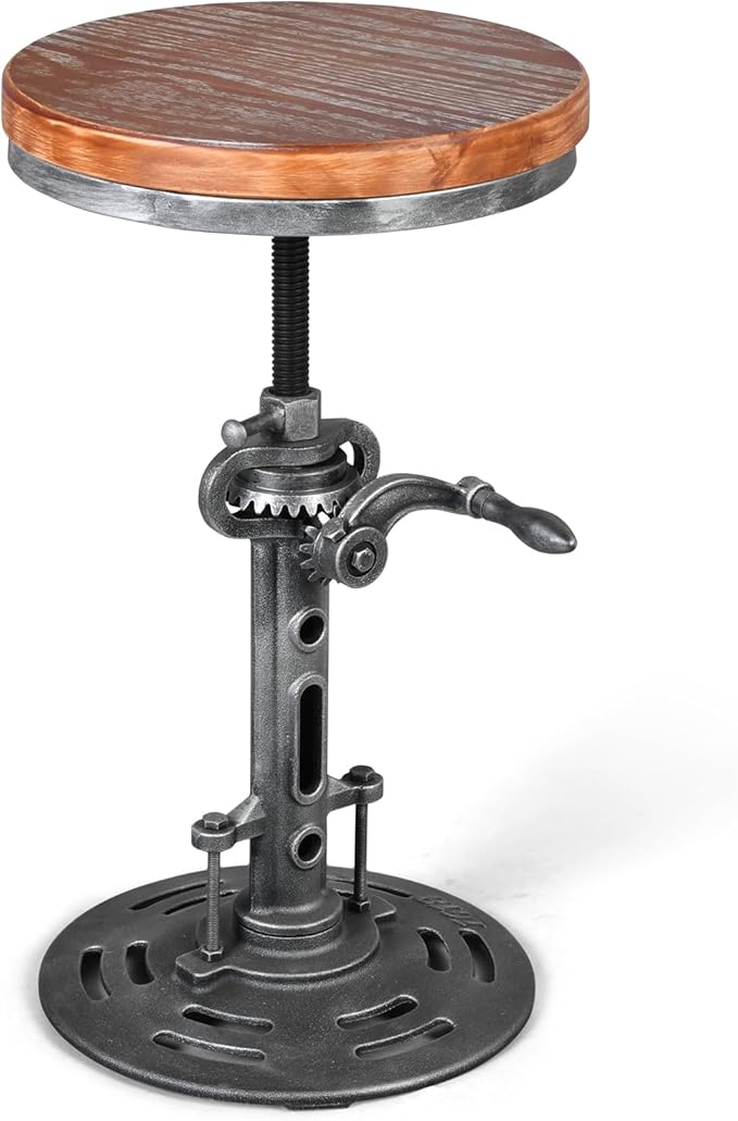 LOKKHAN American Antique Steampunk Deco Vintage Industrial Bar Cafe Stool, Retro Stylish Cast Iron Base Swivel Round Wood Top, Easily Adjusts by Crank Handle
