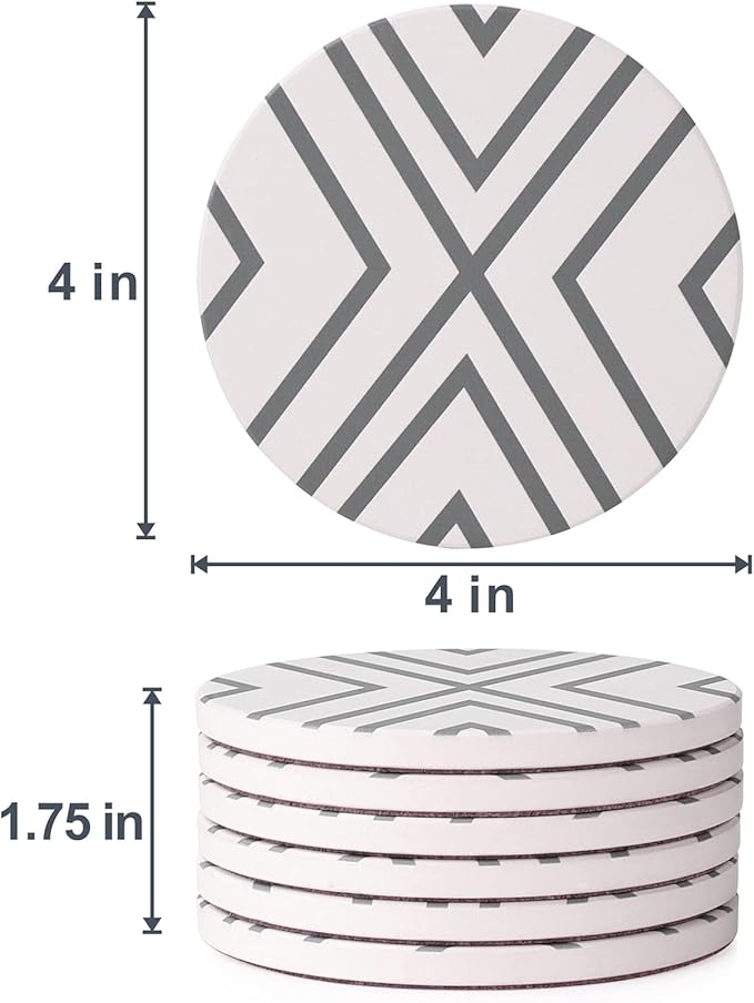 LIFVER 6 Piece Absorbent Stone Coaster Set with Holder, Ceramic Drink Coasters, 4 Inch Farmhouse Coasters with Cork Base, Ideal Gift for Housewarming