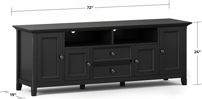 SIMPLIHOME Amherst 72-inch Wide Solid Wood TV Stand in Black, Transitional-Style Media Console for Living Room with Cable Management and Adjustable Shelves, Fits 80" TVs