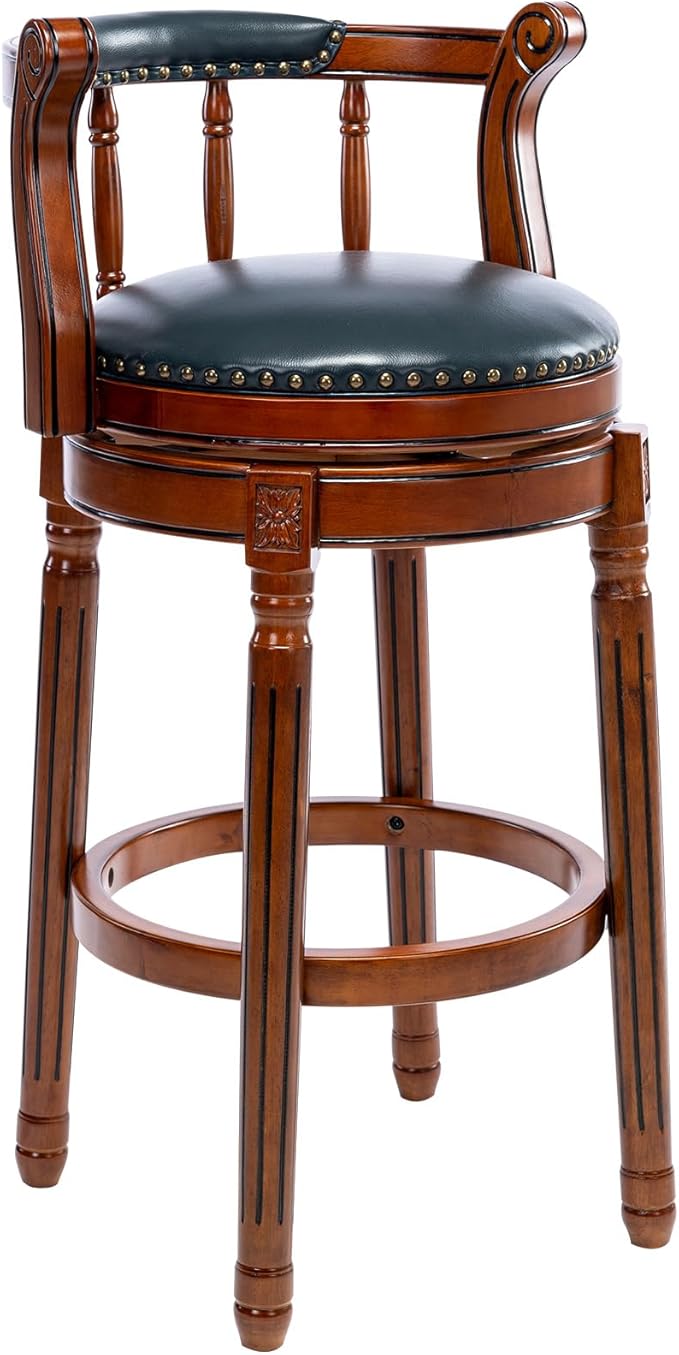 Cow top Leather Wooden Bar Stools, 360 Degree Swivel Bar Height Chair with Backs for Home Kitchen Counter, Morden Chair Barstools (Dark Blue 1pc, Bar Height-Seat Height 29.5”)