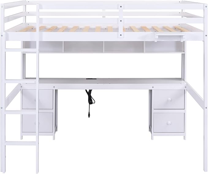 Full Size Loft Bed with Desk, Storage Cabinets, Drawers and Bedside Tray, Multifunctional Full Beds with Plug Outlets & 2 USB Port, White
