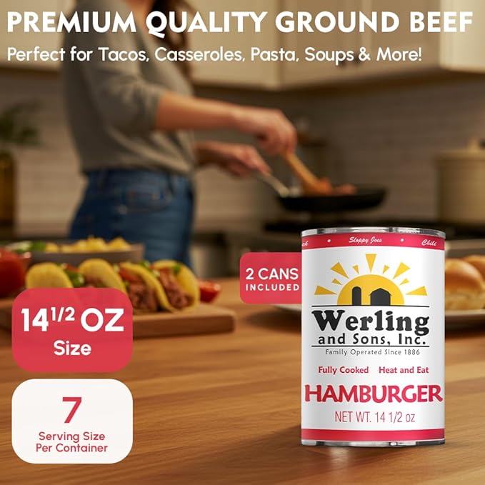 Werling & Sons Canned Meat Variety Pack 14.5 oz – Fully Cooked & Ready to Eat | 2 Beef, 2 Chicken, 2 Hamburger, 1 Turkey, 1 Pork, 1 Shredded Pork, 1 Goetta, 1 Sausage, 1 Taco | Pantry Staples, Emergency Food, Camping Meals | Pack of 12