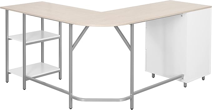 Techni Mobili L Shaped Desk - Two-Toned Computer Desk with Drawers & Storage Shelves - Simple Modern Furniture & Home Office Space Corner Table for Work & Writing