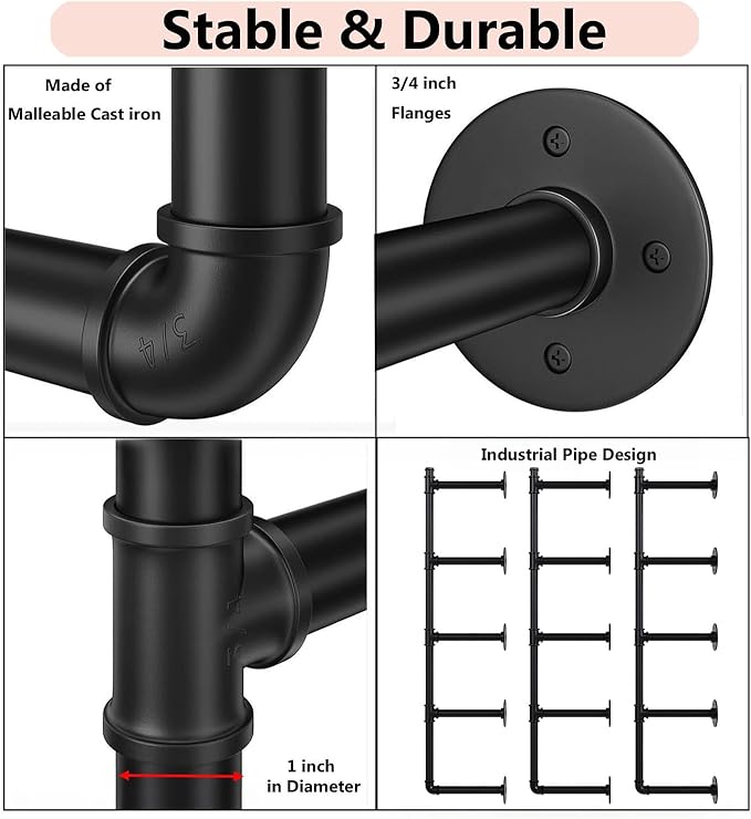 Industrial Pipe Shelf Brackets Wall Mount, Open Black Pipe Shelving for Kitchen,Floating Shelf Brackets Mount,Open Bookshelf Brackets for Shelves,Wall Shelves 12 Inch Deep,(2PcsX3Tier,61" Tall)