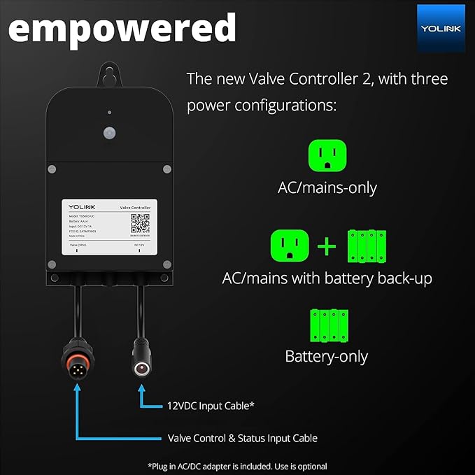 YoLink Wireless Smart Valve Control Kit, NSF Certified 1" Stainless Steel Motorized Valve, Wireless Controller 2, LoRa Long Range, D2D Offline with Leak Sensors, 2 Years Battery Backup