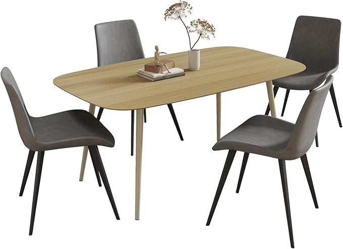 55.1'' Dining Table Set for 4,Modern Wood Dining Table,Leather Dining Chairs 4,Table and Chairs Set of 4,Ideal for Kitchen Dining Room (Cat Scratch Table + 4 Gray Chairs, 55.1")