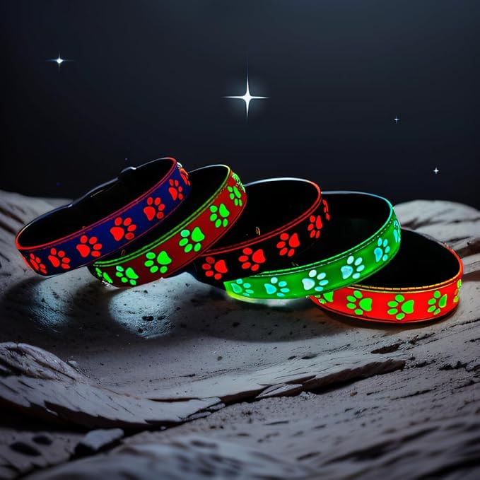 LED Light Up Dog Collar, USB-C Rechargeable, Multicolor Paw Print Design, 15 Modes Lighting Night Safety (Green, L(15.7-19.7"))