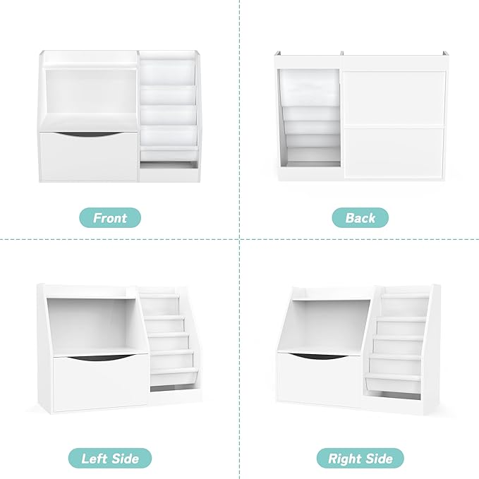 TOETOL 2 Tier Kids Bookshelf and Book Storage，4 Sling Toddler Bookshelf, Storage Boxes Book Shelf & Organizer for Nursery Playroom Classroom Library Bedroom White