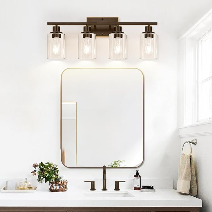 4 Light Bathroom Light Fixtures, Oil-Rubbed Bronze Modern Vanity Lights with Clear Glass Shades, Bathroom Wall Lamp for Mirror Living Room Cabinet