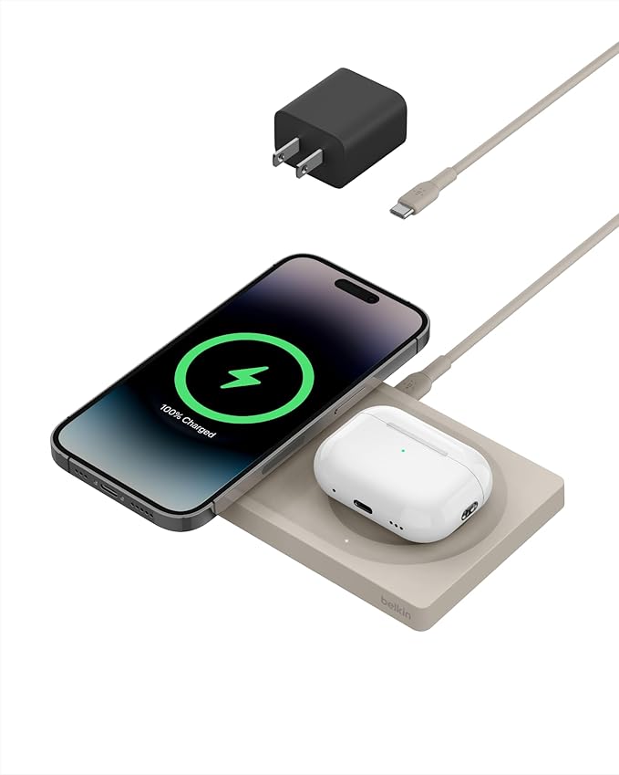 Belkin MagSafe-Compatible 2-in-1 Wireless Charger 15W, Fast Charging Station for iPhone 16, 15, 14, 13 Series, AirPods, and More - Dual Device Charging Pad - Sand