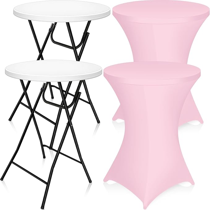 Wenqik 2 Sets 32" High Top Round Folding Cocktail Tables White Bar Height with Removable Legs & 32"x43" Spandex Stretch Table Covers (Pink)